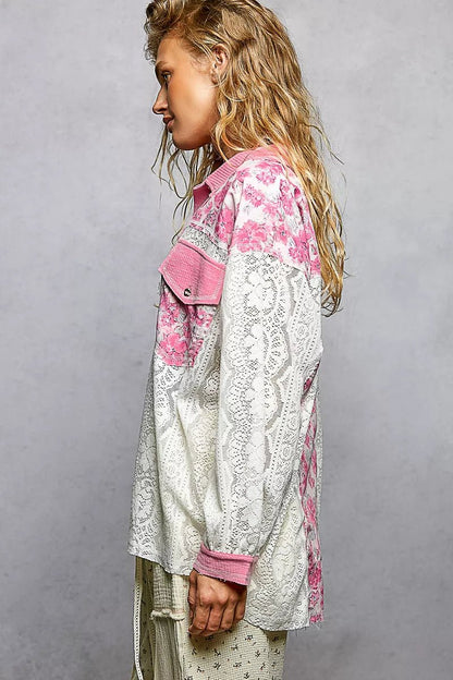 POL Floral Print Long Sleeve Lace Shirt with Front Pocket - Bitsy Gypsy Boutique