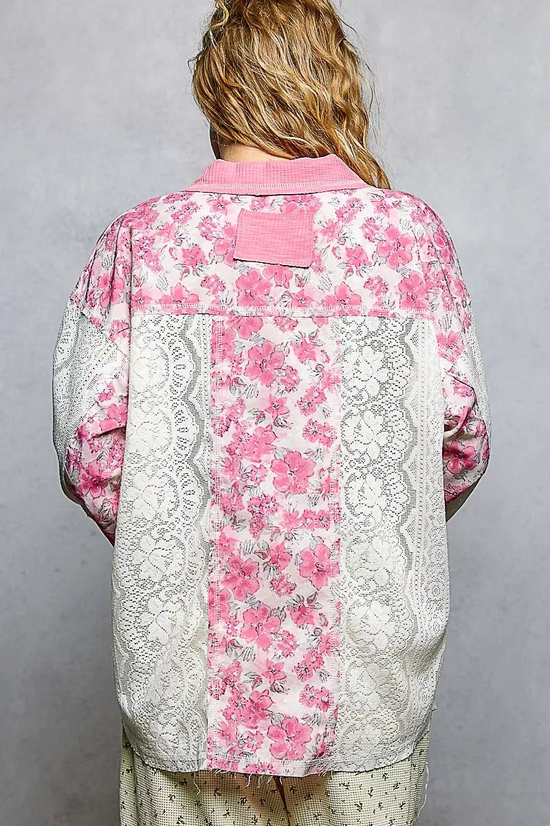 POL Floral Print Long Sleeve Lace Shirt with Front Pocket - Bitsy Gypsy Boutique
