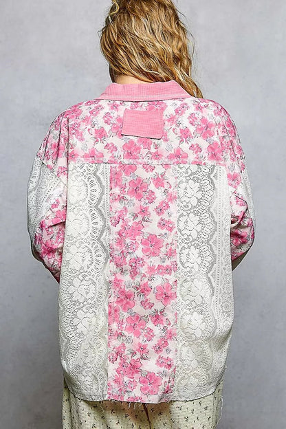 POL Floral Print Long Sleeve Lace Shirt with Front Pocket - Bitsy Gypsy Boutique
