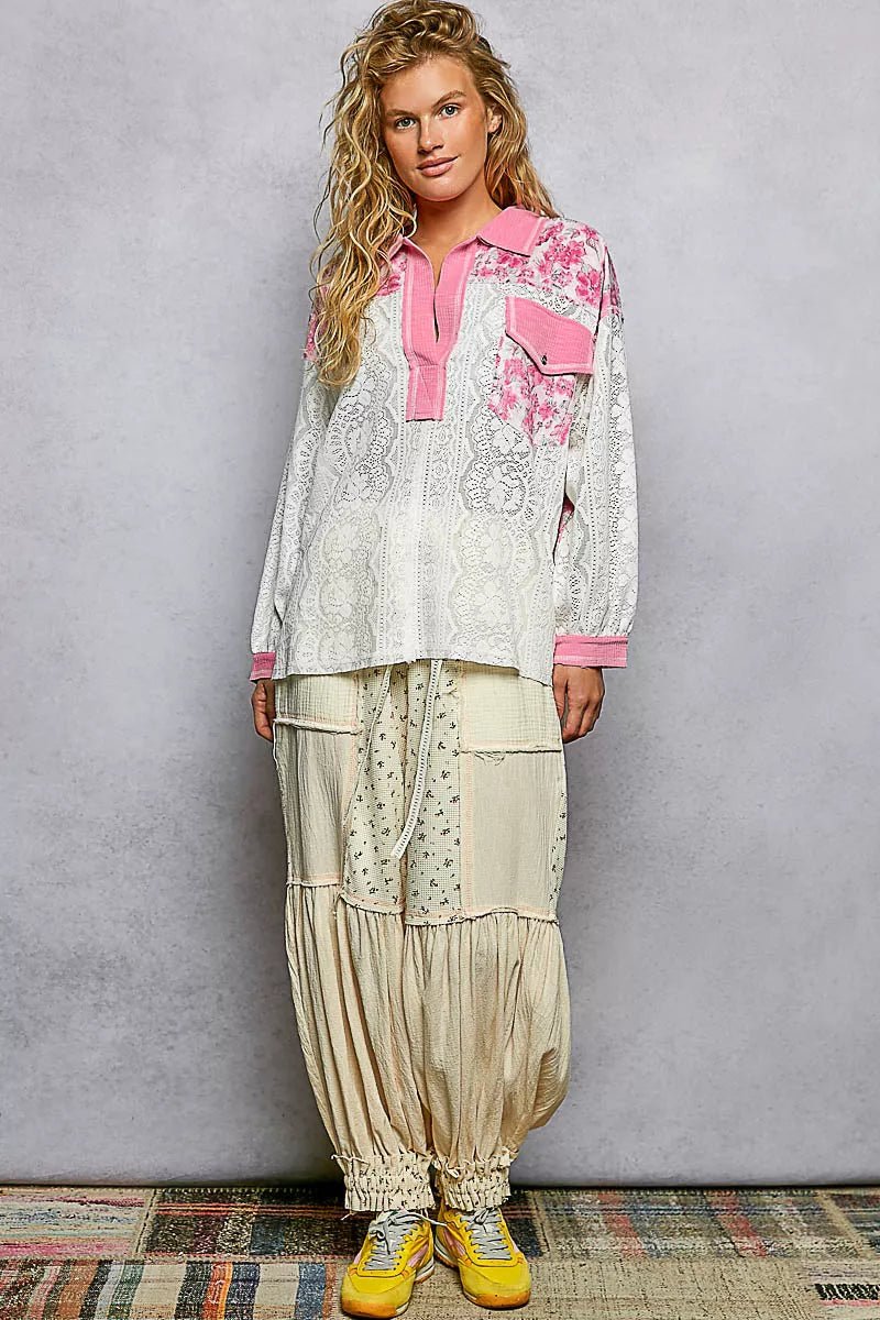 POL Floral Print Long Sleeve Lace Shirt with Front Pocket - Bitsy Gypsy Boutique