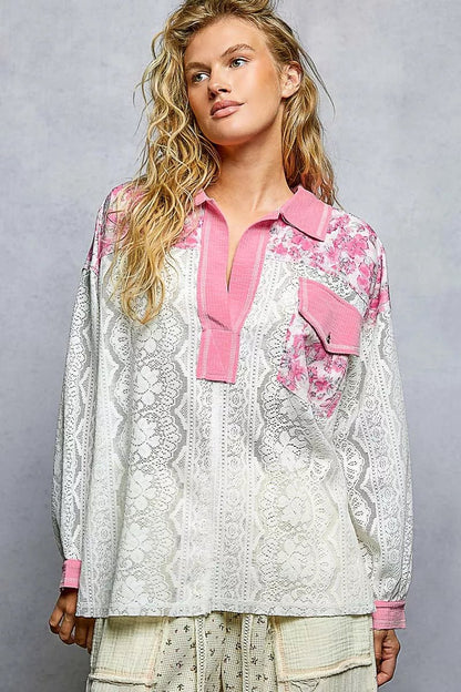 POL Floral Print Long Sleeve Lace Shirt with Front Pocket - Bitsy Gypsy Boutique