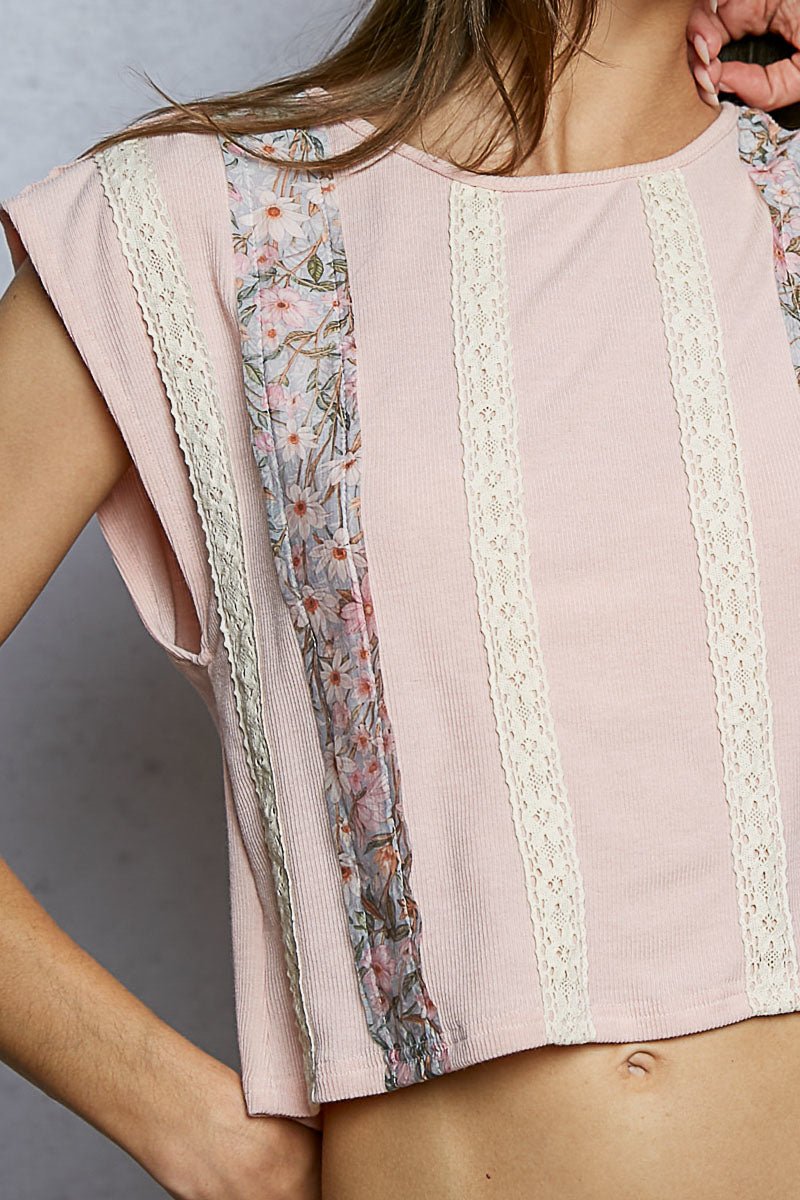 POL Floral Print Patch Round Neck Cropped T-Shirt with Lace Trim - Bitsy Gypsy Boutique