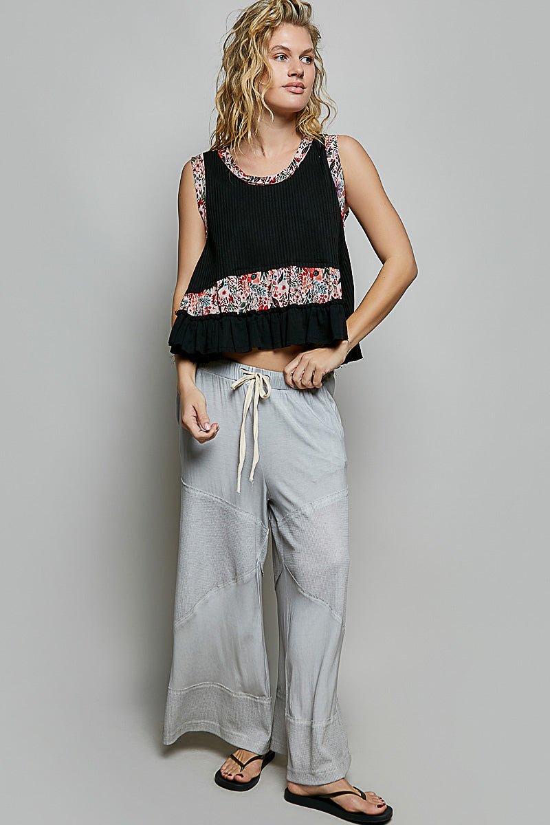 POL Floral Print Patche Round Neck Ribbed Tank with Double Gauze Ruffle Accents - Bitsy Gypsy Boutique