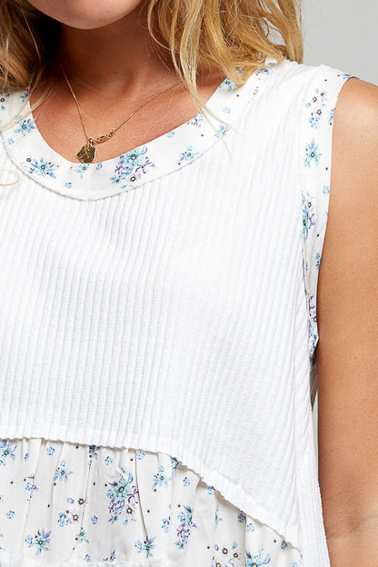 POL Floral Print Patche Round Neck Ribbed Tank with Double Gauze Ruffle Accents - Bitsy Gypsy Boutique