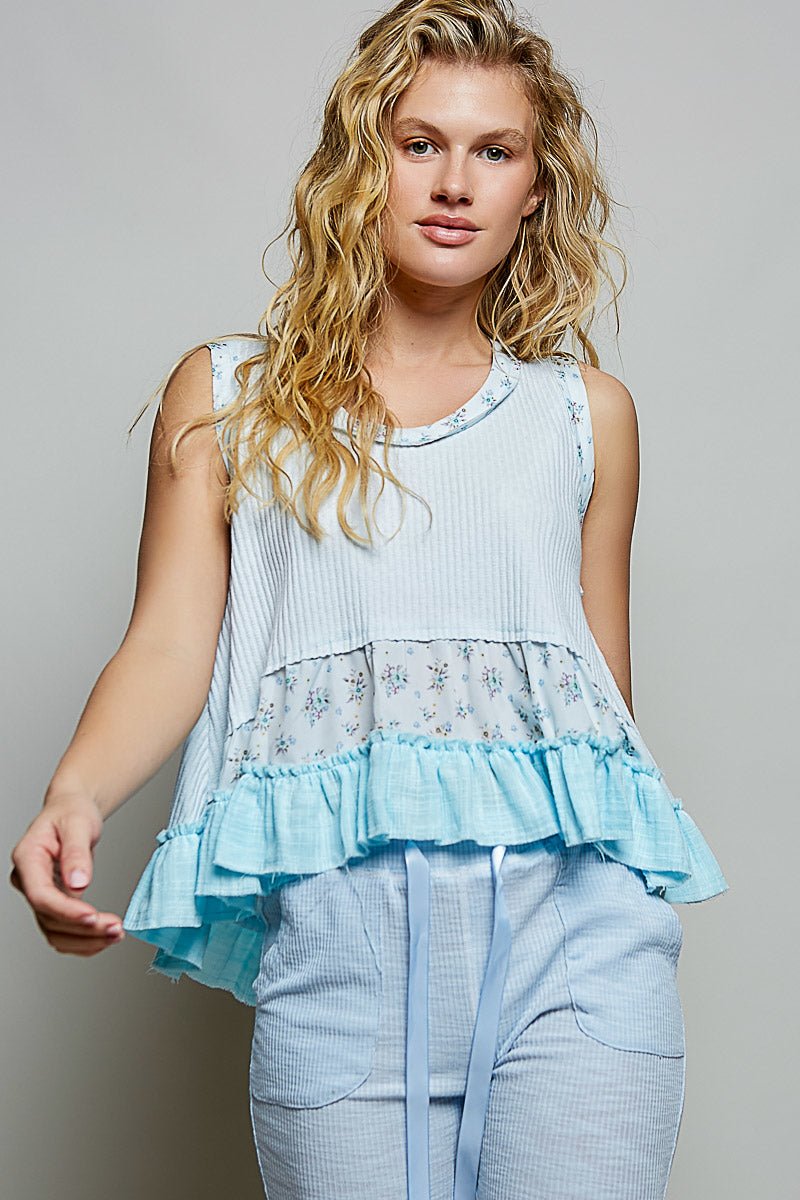 POL Floral Print Patche Round Neck Ribbed Tank with Double Gauze Ruffle Accents - Bitsy Gypsy Boutique