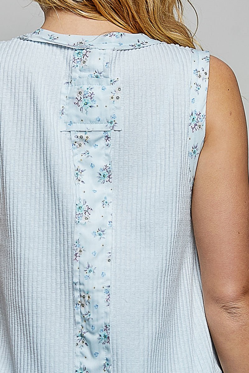 POL Floral Print Patche Round Neck Ribbed Tank with Double Gauze Ruffle Accents - Bitsy Gypsy Boutique