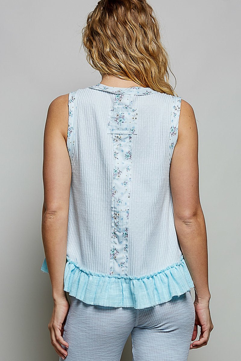POL Floral Print Patche Round Neck Ribbed Tank with Double Gauze Ruffle Accents - Bitsy Gypsy Boutique
