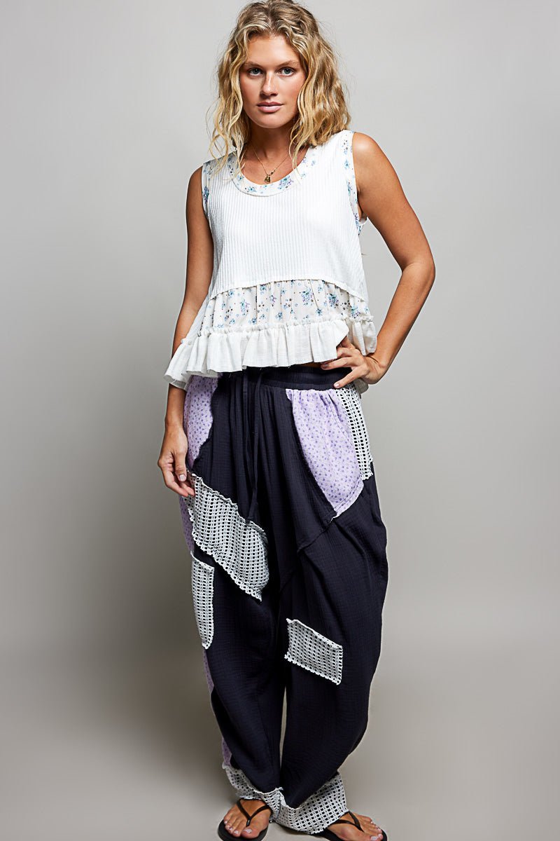 POL Floral Print Patche Round Neck Ribbed Tank with Double Gauze Ruffle Accents - Bitsy Gypsy Boutique