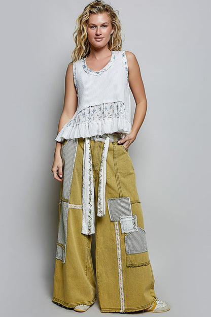 POL Floral Print Patche Round Neck Ribbed Tank with Double Gauze Ruffle Accents - Bitsy Gypsy Boutique