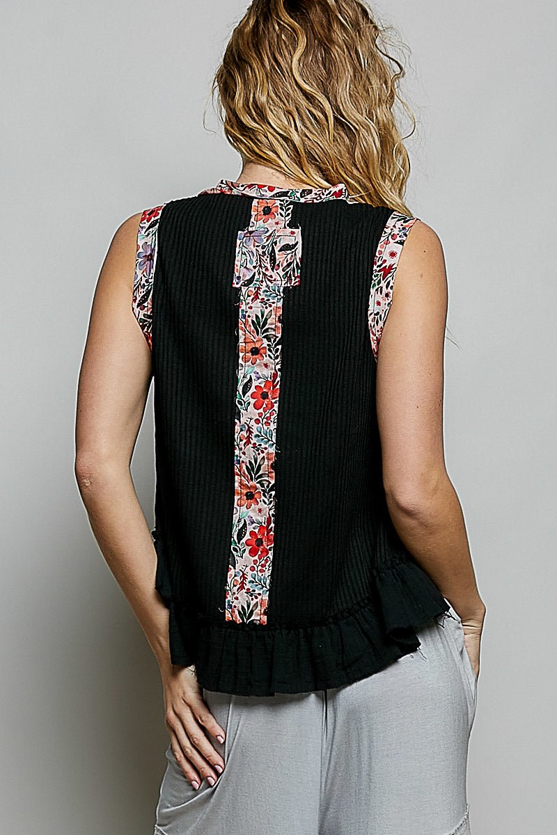 POL Floral Print Patche Round Neck Ribbed Tank with Double Gauze Ruffle Accents - Bitsy Gypsy Boutique