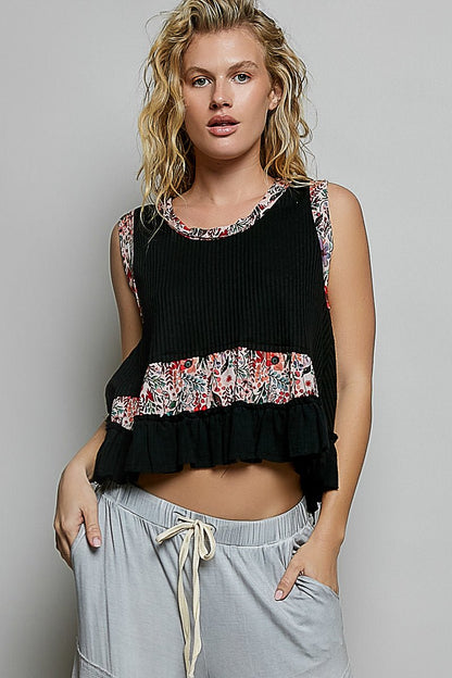 POL Floral Print Patche Round Neck Ribbed Tank with Double Gauze Ruffle Accents - Bitsy Gypsy Boutique