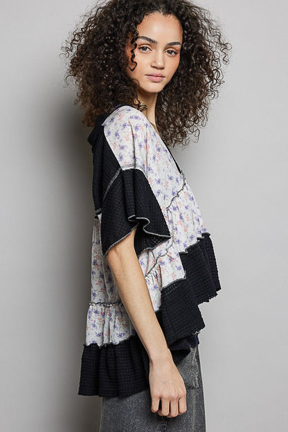POL Floral Print V - Neck Woven Blouse with Gentle Gathers - Bitsy Gypsy Boutique