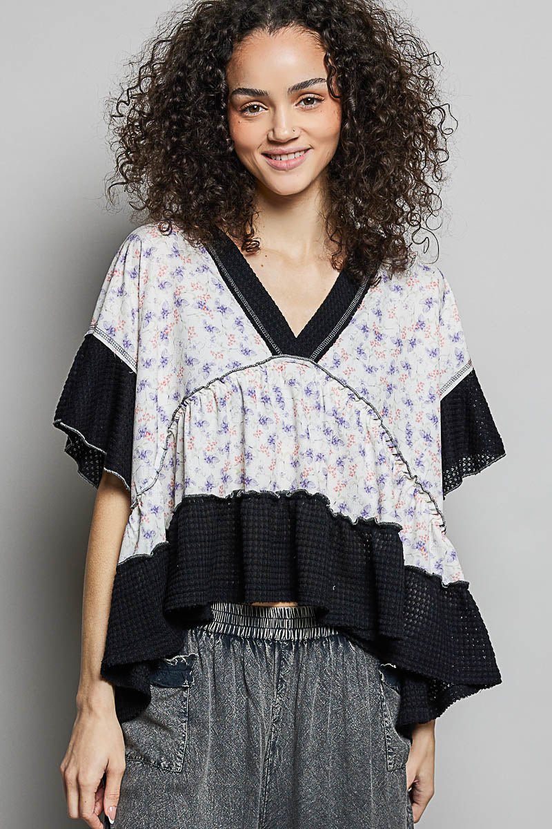 POL Floral Print V - Neck Woven Blouse with Gentle Gathers - Bitsy Gypsy Boutique