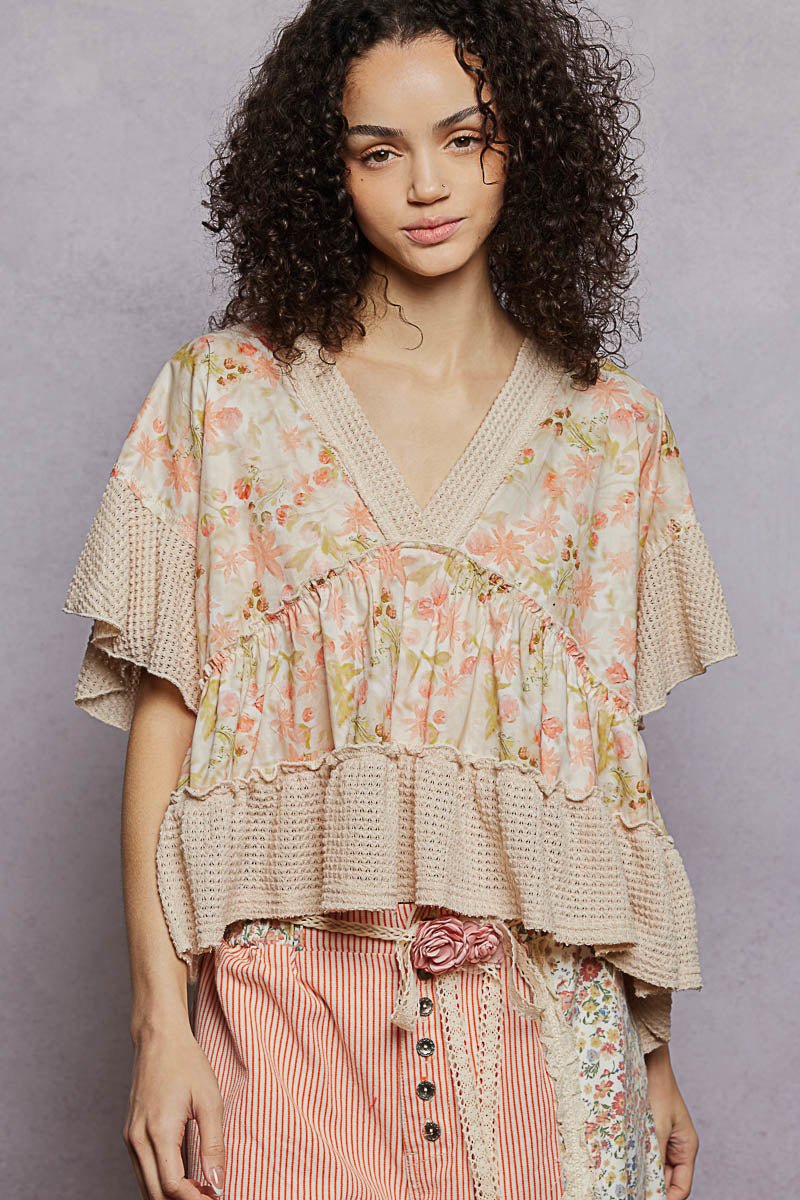 POL Floral Print V - Neck Woven Blouse with Gentle Gathers - Bitsy Gypsy Boutique