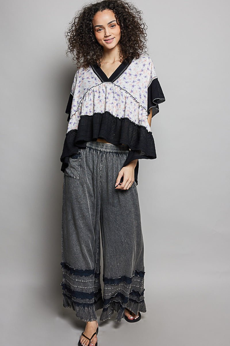 POL Floral Print V - Neck Woven Blouse with Gentle Gathers - Bitsy Gypsy Boutique