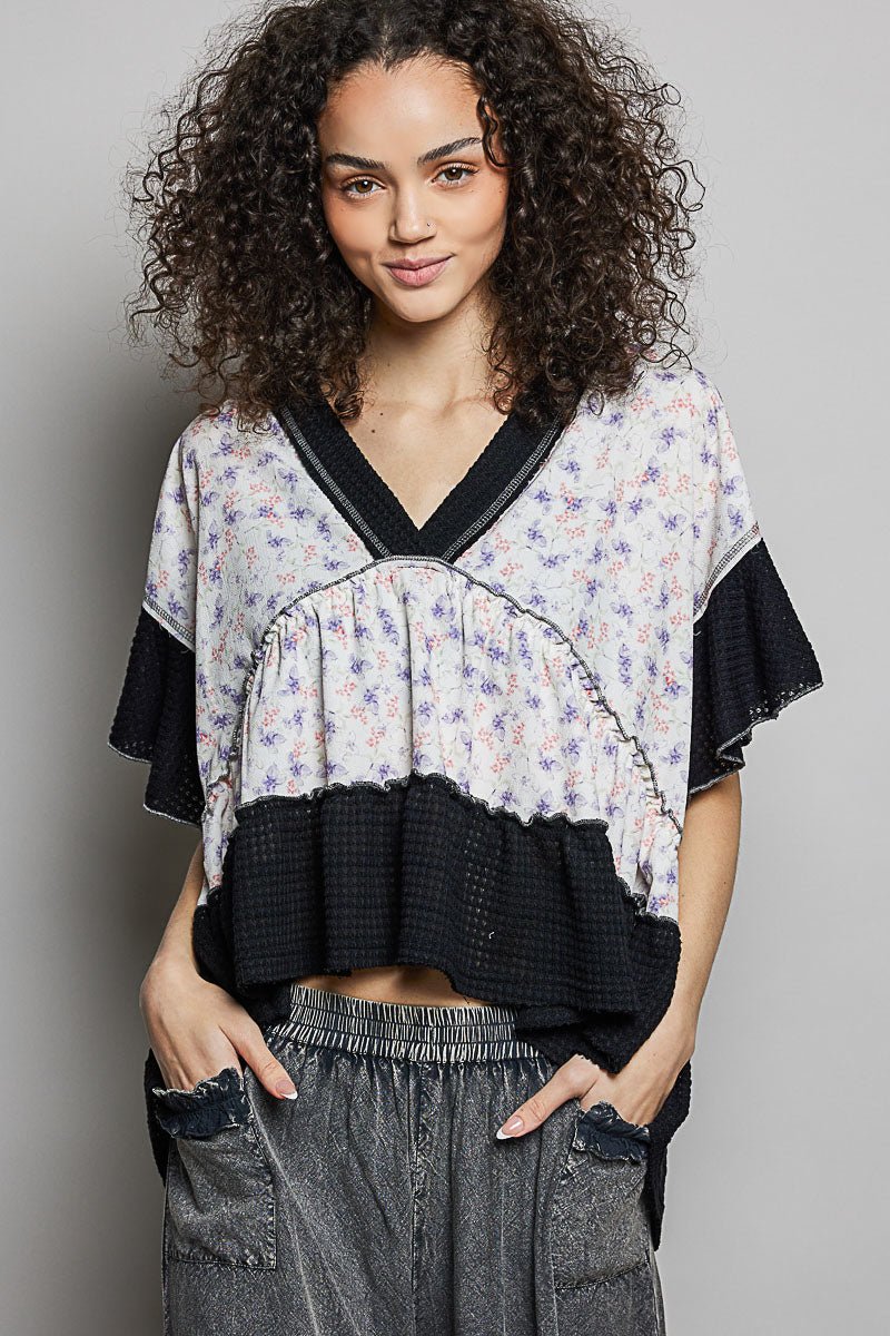 POL Floral Print V - Neck Woven Blouse with Gentle Gathers - Bitsy Gypsy Boutique