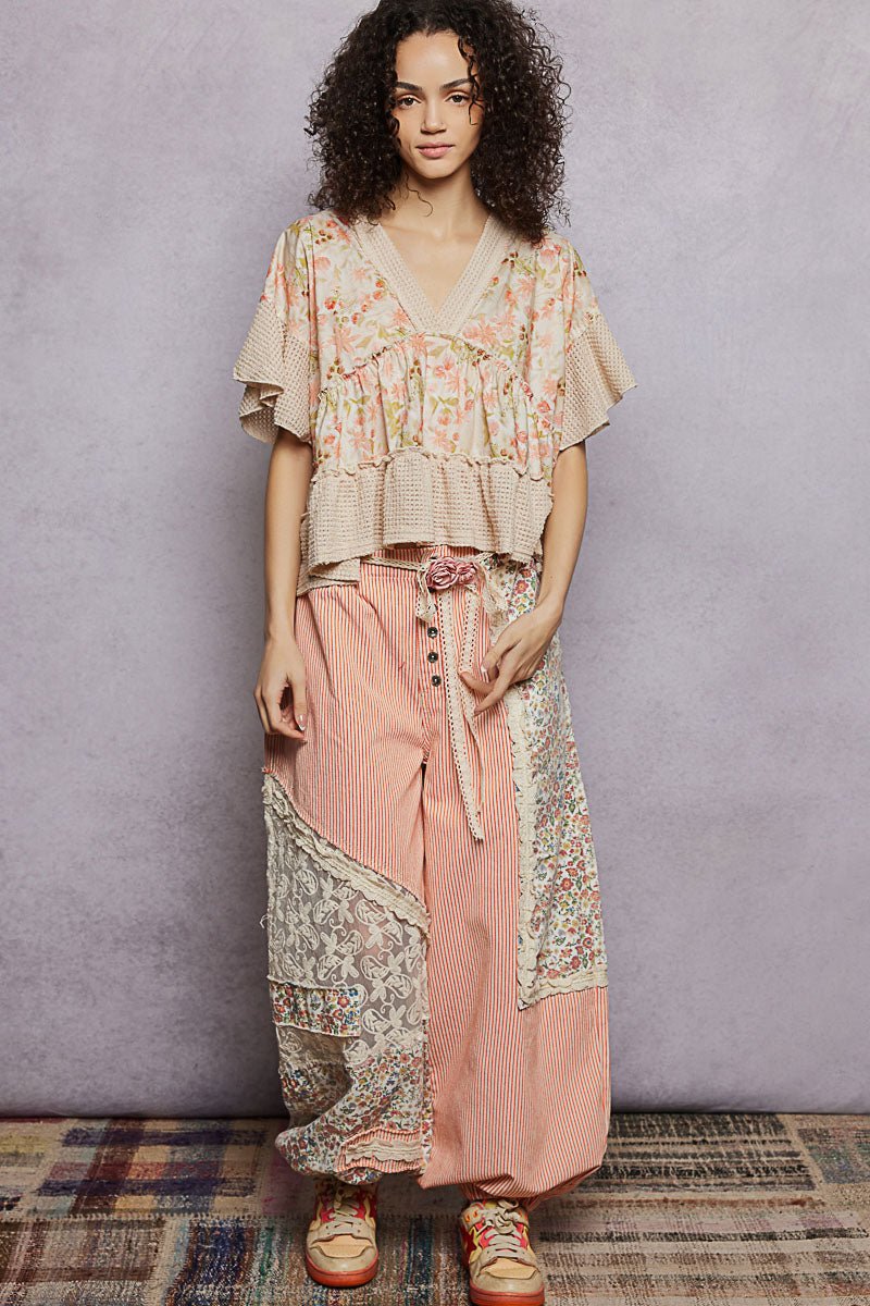 POL Floral Print V - Neck Woven Blouse with Gentle Gathers - Bitsy Gypsy Boutique