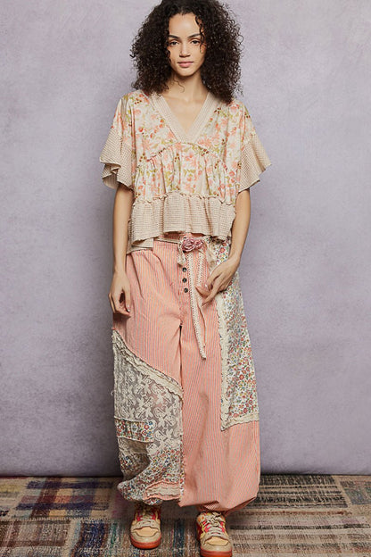 POL Floral Print V - Neck Woven Blouse with Gentle Gathers - Bitsy Gypsy Boutique
