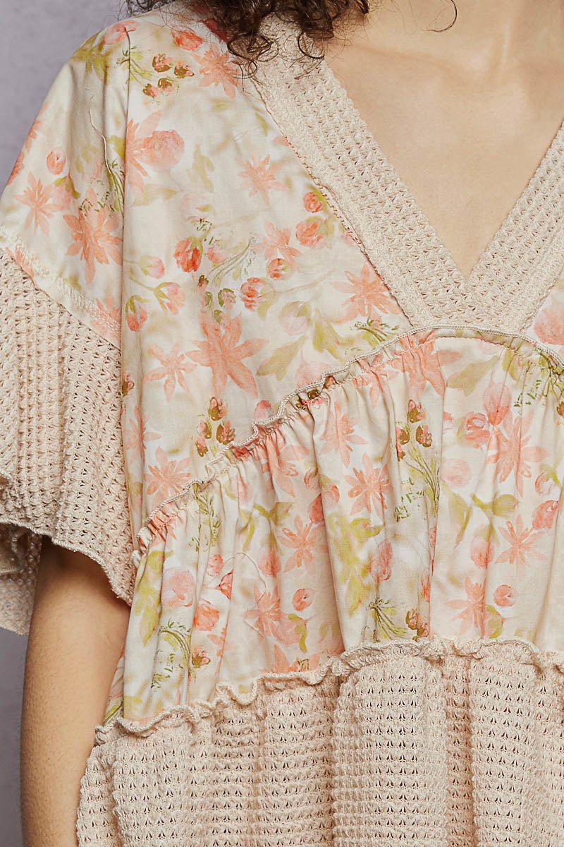 POL Floral Print V - Neck Woven Blouse with Gentle Gathers - Bitsy Gypsy Boutique