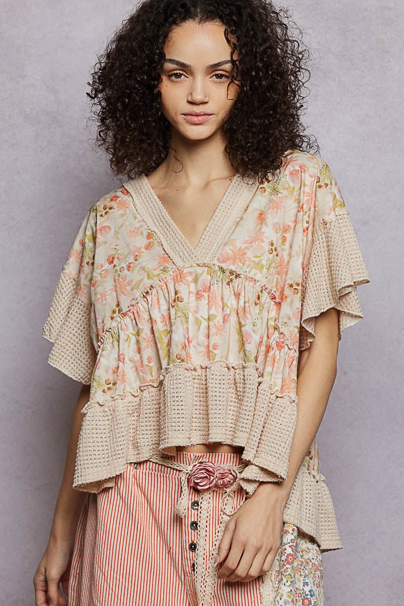 POL Floral Print V - Neck Woven Blouse with Gentle Gathers - Bitsy Gypsy Boutique