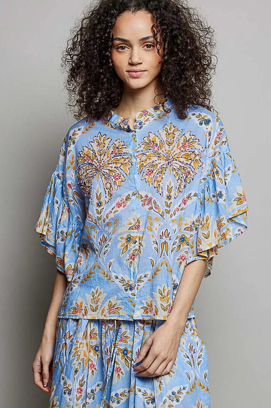 POL Floral Printed Woven Ruffle Sleeve Shirt - Bitsy Gypsy Boutique