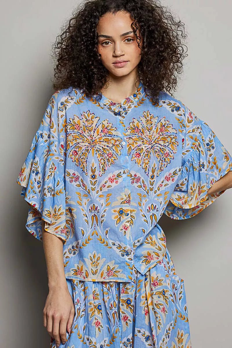 POL Floral Printed Woven Ruffle Sleeve Shirt - Bitsy Gypsy Boutique