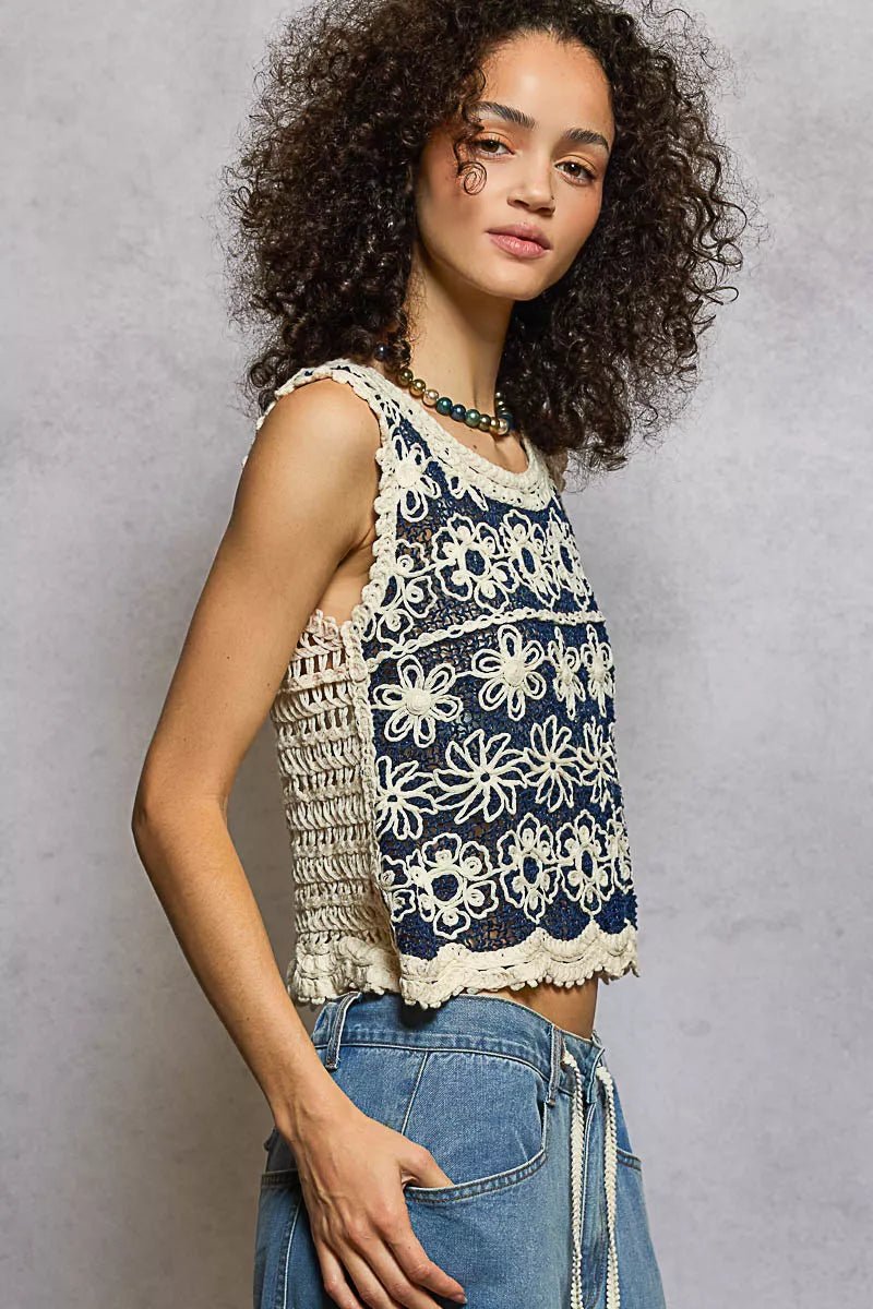 POL Floral Round Neck Cropped Crochet Sleeveless Top with Scalloped Edge - Bitsy Gypsy Boutique