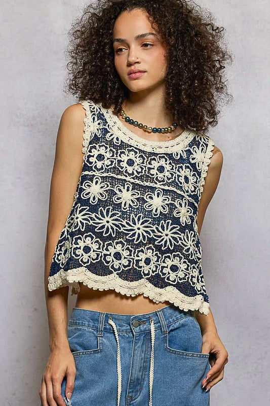 POL Floral Round Neck Cropped Crochet Sleeveless Top with Scalloped Edge - Bitsy Gypsy Boutique