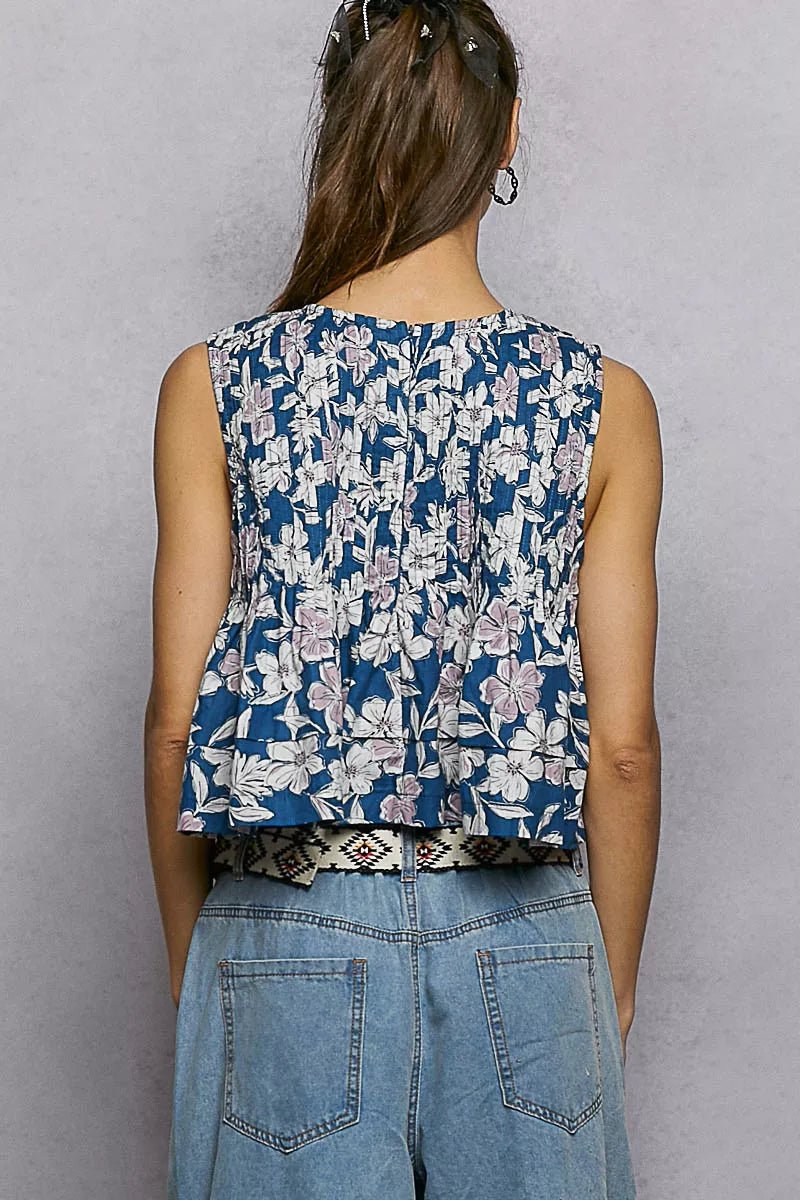 POL Floral Round Neck Cropped Pintuck Tank - Bitsy Gypsy Boutique