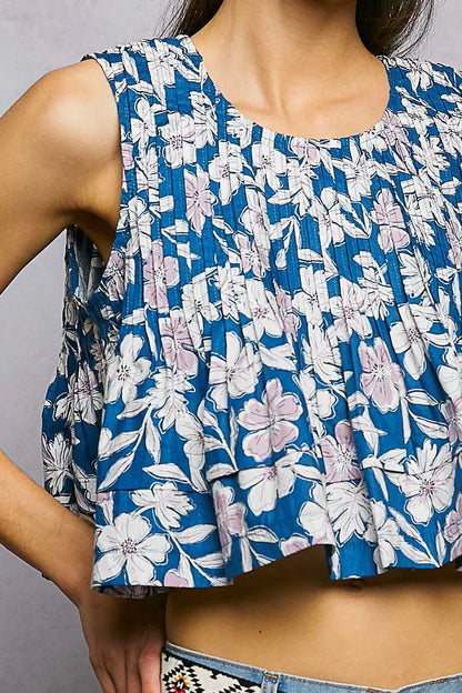 POL Floral Round Neck Cropped Pintuck Tank - Bitsy Gypsy Boutique