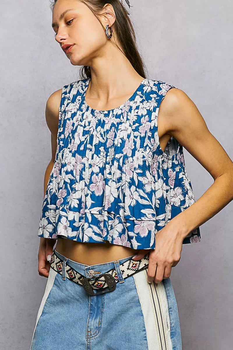 POL Floral Round Neck Cropped Pintuck Tank - Bitsy Gypsy Boutique