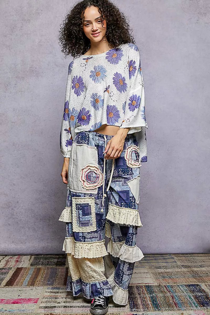 POL Floral Round Neck Rolling Edge Sweater - Bitsy Gypsy Boutique