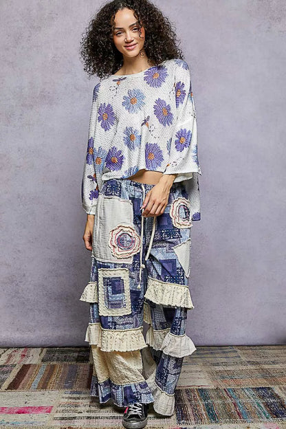 POL Floral Round Neck Rolling Edge Sweater - Bitsy Gypsy Boutique