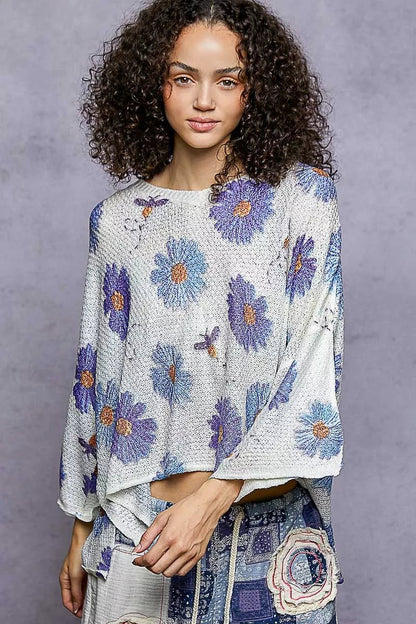 POL Floral Round Neck Rolling Edge Sweater - Bitsy Gypsy Boutique
