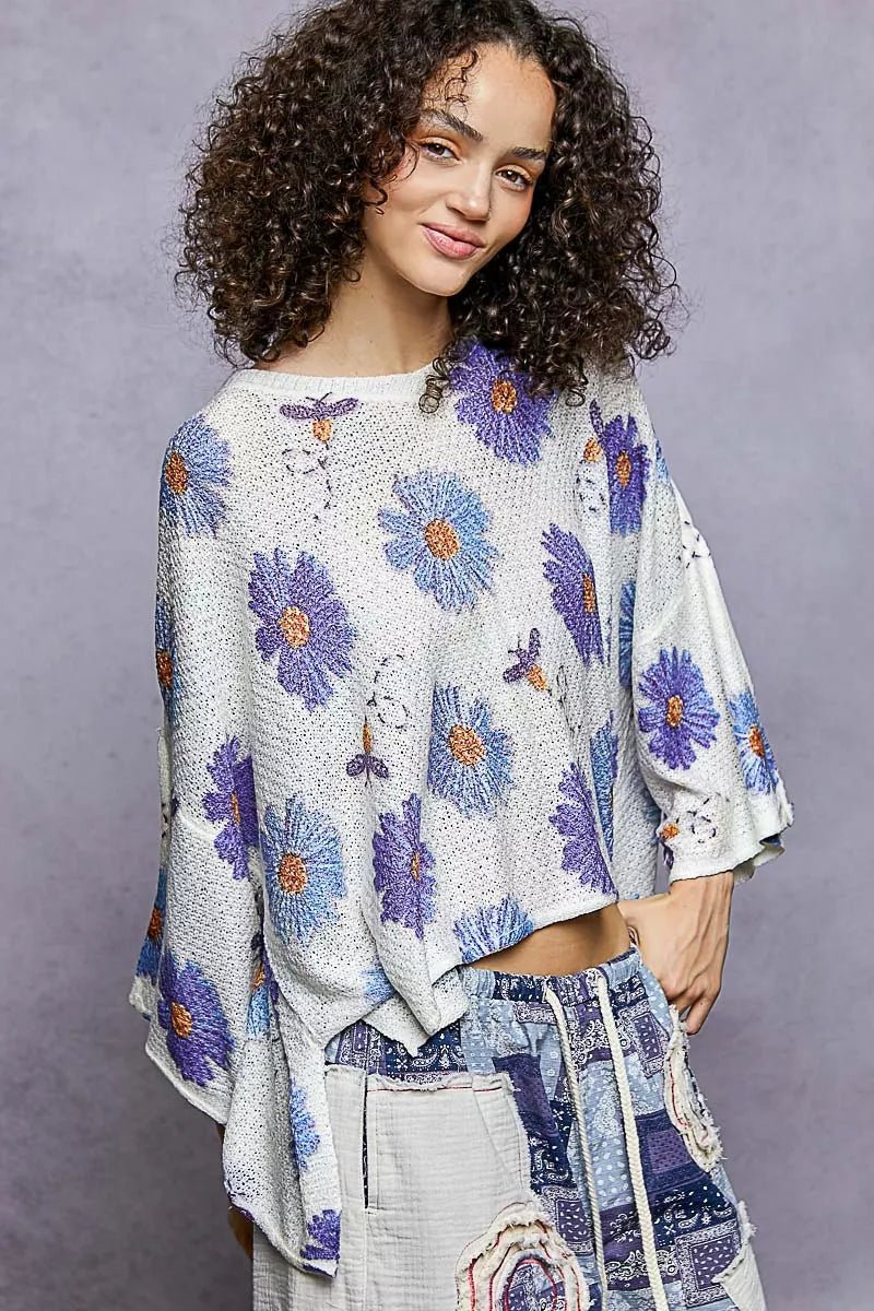 POL Floral Round Neck Rolling Edge Sweater - Bitsy Gypsy Boutique
