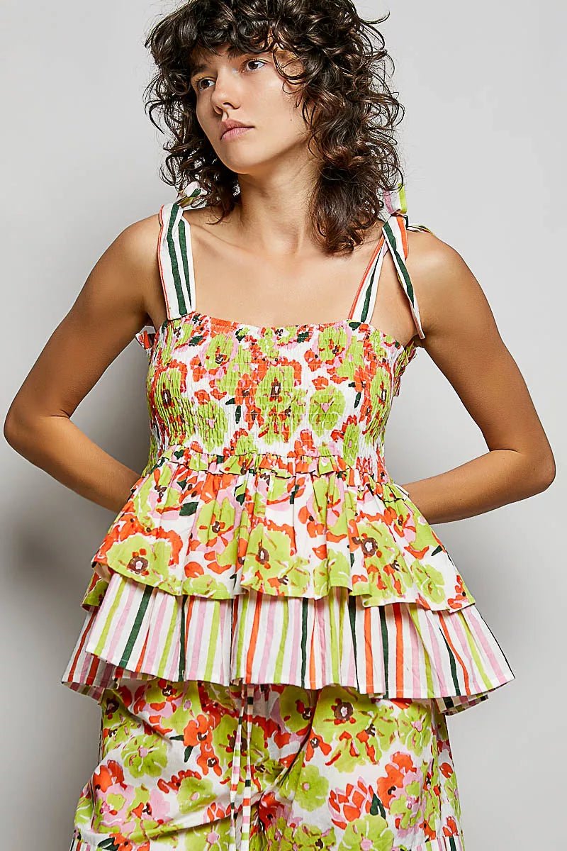 POL Floral Smocked Ruffled Cami with Tie Shoulder Straps - Bitsy Gypsy Boutique
