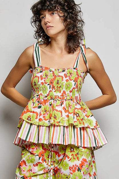 POL Floral Smocked Ruffled Cami with Tie Shoulder Straps - Bitsy Gypsy Boutique