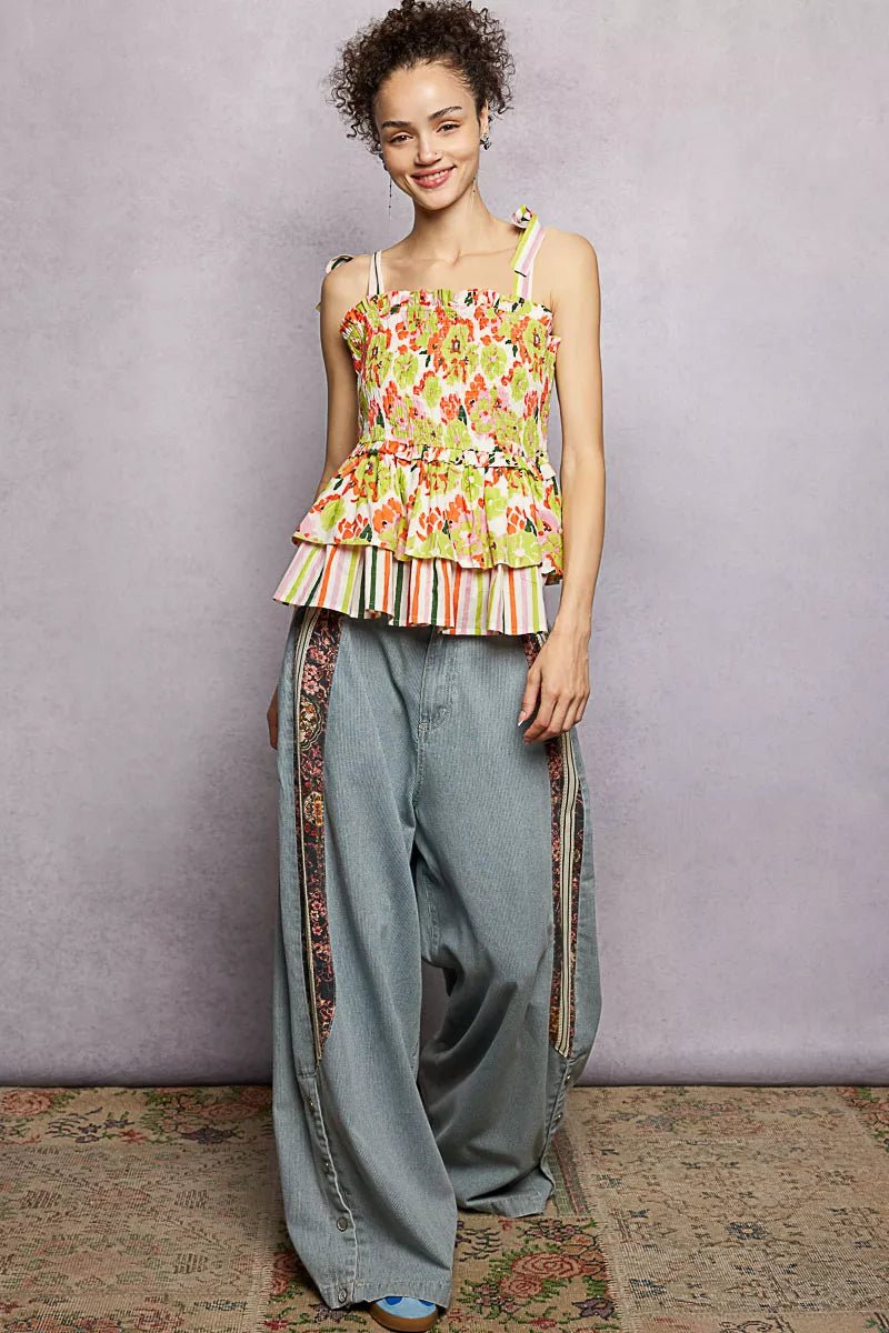 POL Floral Smocked Ruffled Cami with Tie Shoulder Straps - Bitsy Gypsy Boutique