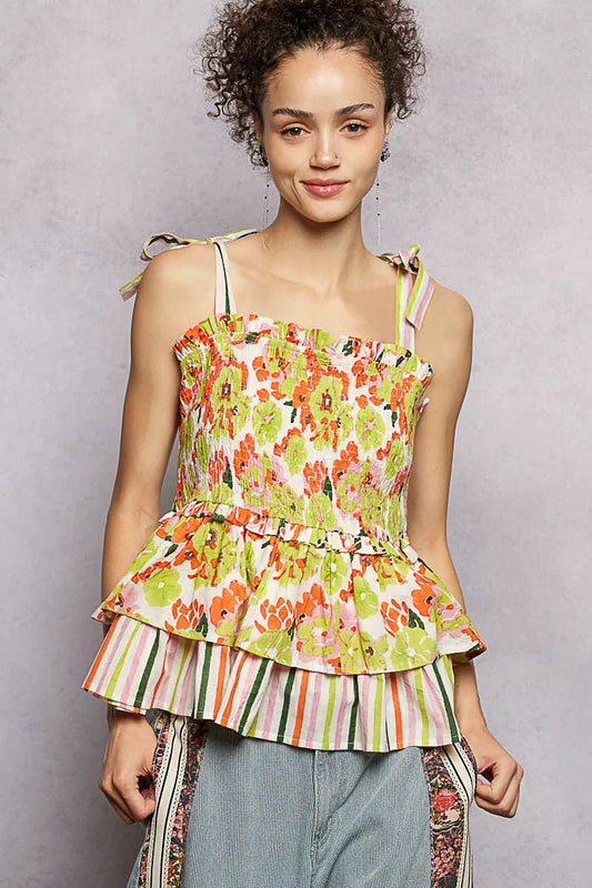 POL Floral Smocked Ruffled Cami with Tie Shoulder Straps - Bitsy Gypsy Boutique