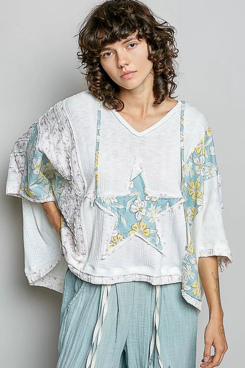 POL Floral Star Patch Hooded Blouse with Lace Contrast Detail - Bitsy Gypsy Boutique