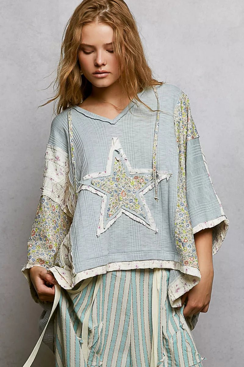 POL Floral Star Patch Hooded Blouse with Lace Contrast Detail - Bitsy Gypsy Boutique
