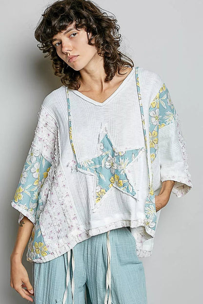 POL Floral Star Patch Hooded Blouse with Lace Contrast Detail - Bitsy Gypsy Boutique