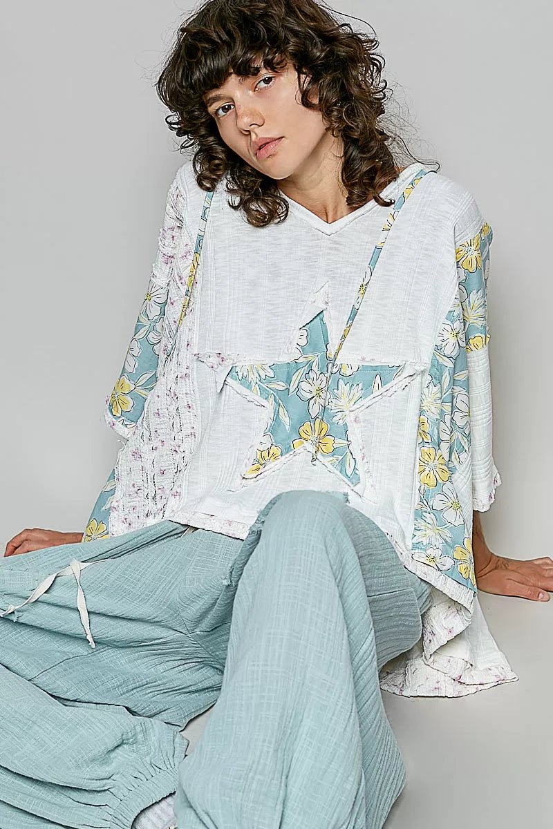 POL Floral Star Patch Hooded Blouse with Lace Contrast Detail - Bitsy Gypsy Boutique