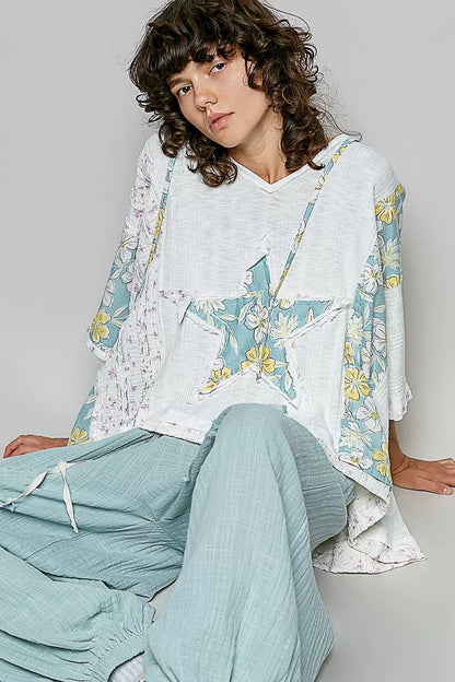 POL Floral Star Patch Hooded Blouse with Lace Contrast Detail - Bitsy Gypsy Boutique