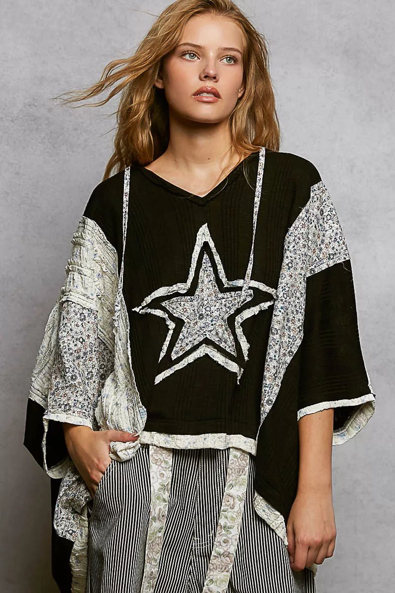 POL Floral Star Patch Hooded Blouse with Lace Contrast Detail - Bitsy Gypsy Boutique