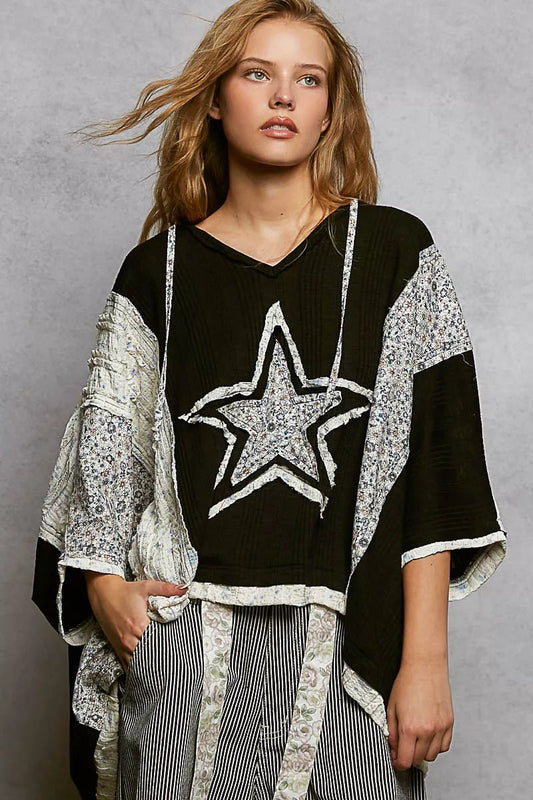 POL Floral Star Patch Hooded Blouse with Lace Contrast Detail - Bitsy Gypsy Boutique