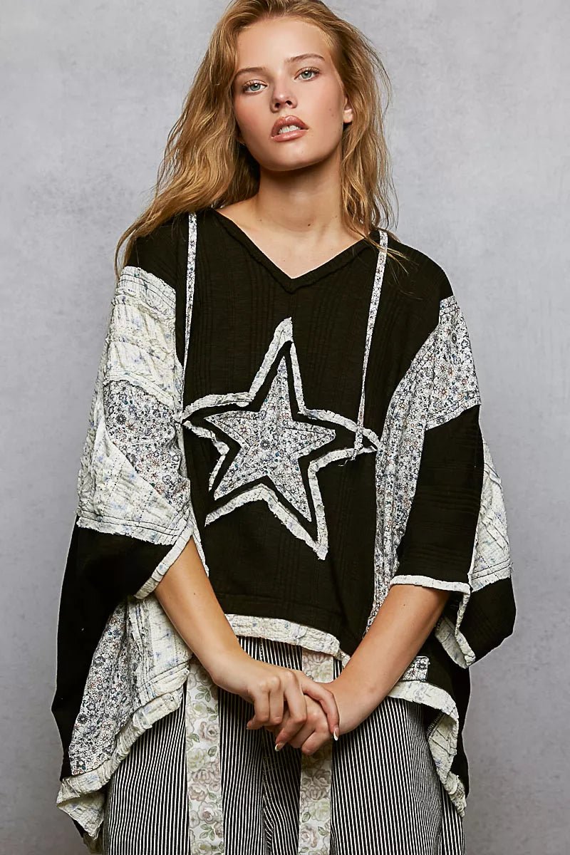 POL Floral Star Patch Hooded Blouse with Lace Contrast Detail - Bitsy Gypsy Boutique