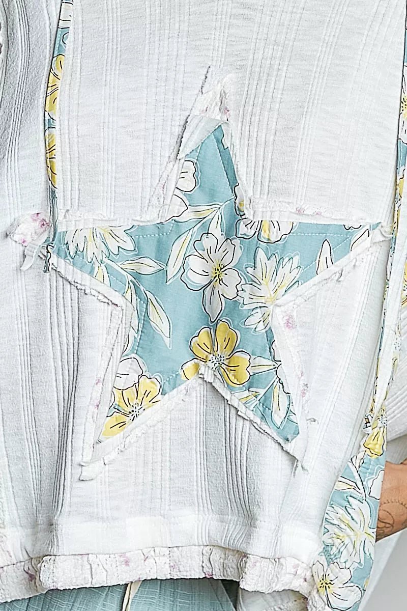POL Floral Star Patch Hooded Blouse with Lace Contrast Detail - Bitsy Gypsy Boutique