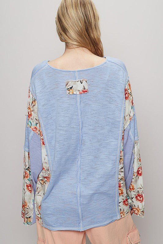 POL Floral Stud Detail Star Patch Notched Long Sleeve T-Shirt - Bitsy Gypsy Boutique