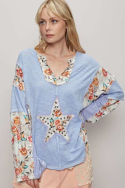 POL Floral Stud Detail Star Patch Notched Long Sleeve T-Shirt - Bitsy Gypsy Boutique